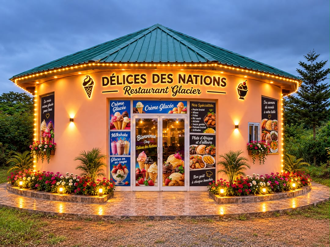 La façade de Délices des Nations illuminée à la tombée du jour.
